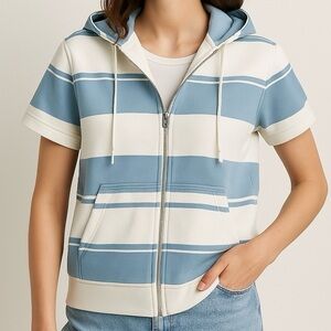 LIZ CLAIBORNE Villager Short Sleeve Hoodie Classic Stripe Coastal Blue White L